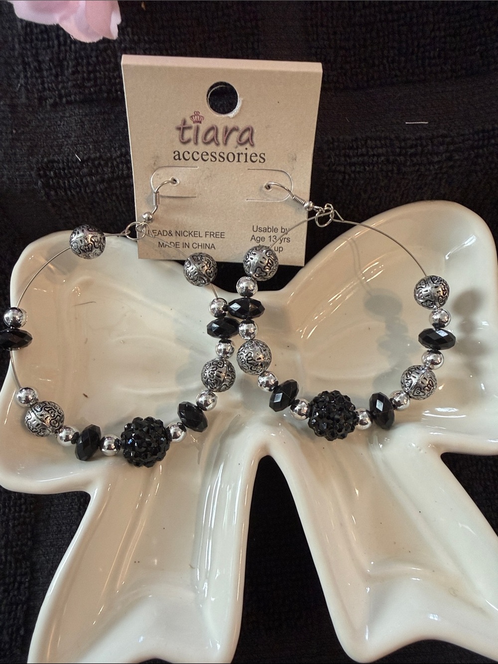 Tiara Black and Silver Hoop Earrings with Beaded Accents